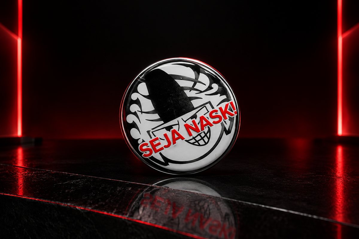 Bottom redondo Seja Nask! com o rosto do logo em preto e branco